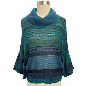 Green & Blue Open Knit Cowl Neck 3/4 Dolman Sleeve Sweater With Ribbon Detail M‎